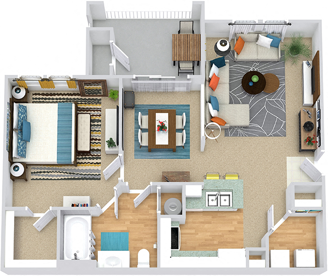 Floor plan for 1 bed, 1 bath, 833 sqft